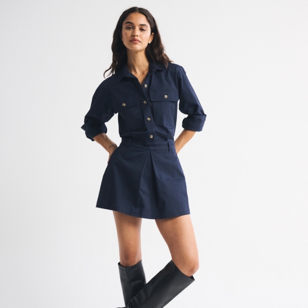Navy Button-Up Dress with Boots